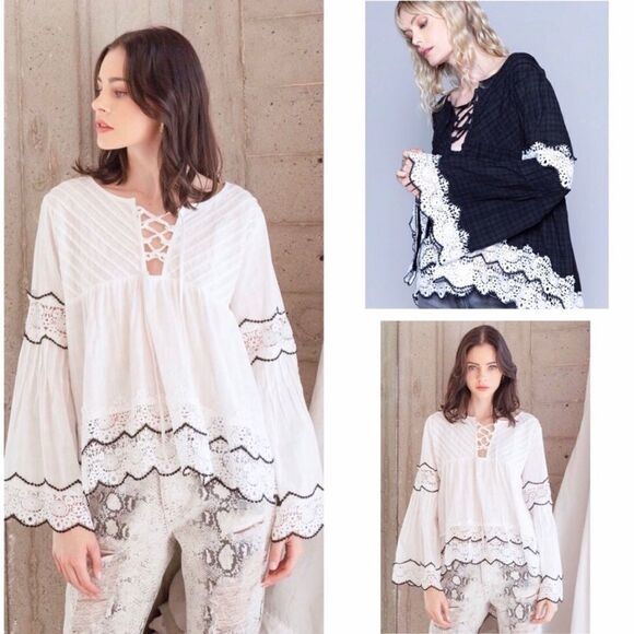 𝅺BABYDOLL Blouse with Bell Sleeves in Black - Picture 11 of 12